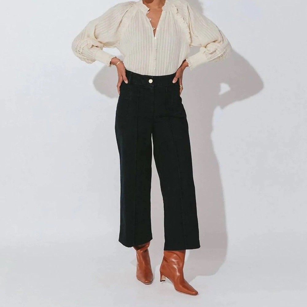 Cleobella Charlotte Wide Leg Crop Trouser In Dark Denim Black High Rise Large